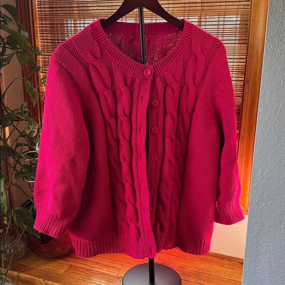 🩷Vibrant 🌺Pink Cable Knit Cotton Blend Cardigan XL 3/4 sleeve spring plus size